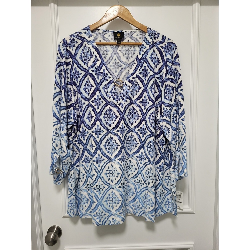New Blue White Lightweight Linen Blend 3/4 Sleeve Tunic Top Sz 3X